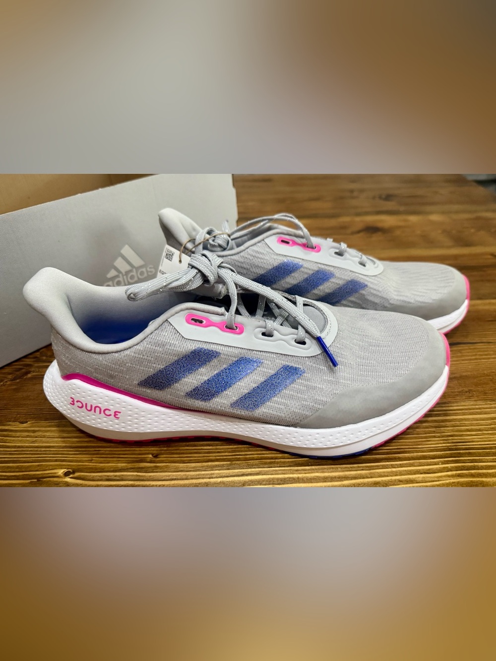 NWT adidas Big Girls EQ21 Gray/Pink/White Running Shoes with Blue Stripes
